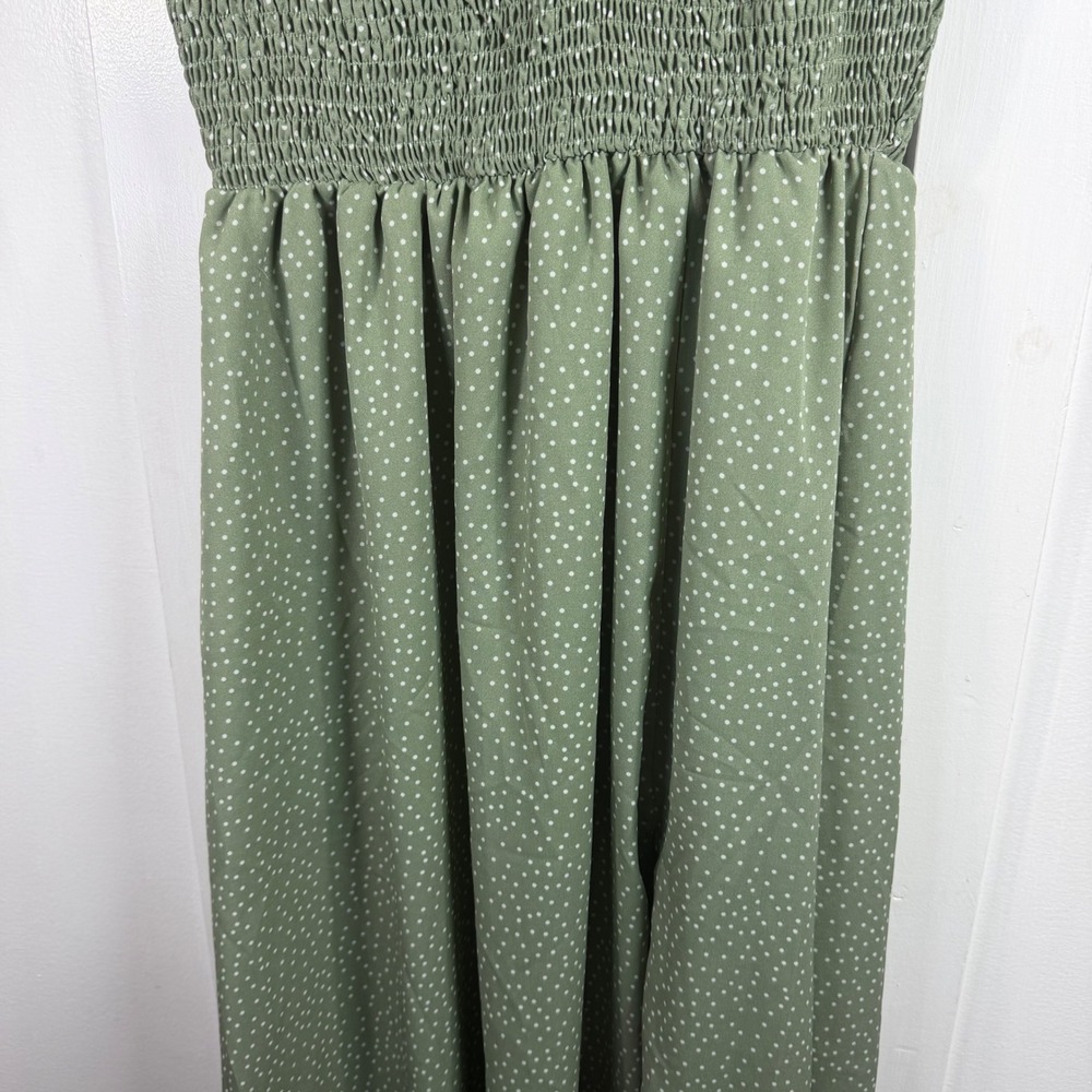 Simplee Sage Green Polka Dot Smocked Maxi Dress Ruffle Hem Boho Cottage Size L - Picture 3 of 13